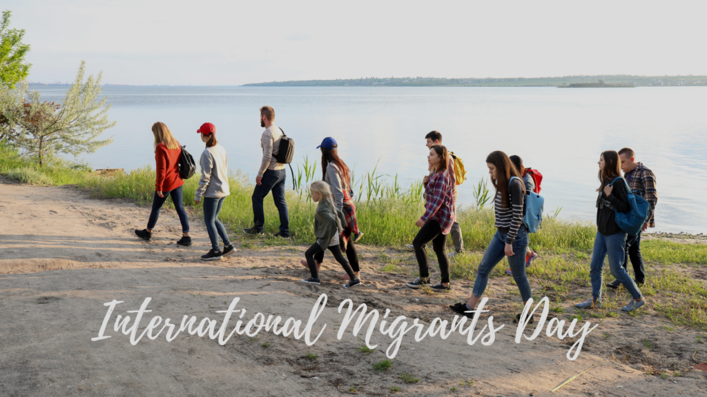 A group of people walking down a dirt road with the words international migraine day.