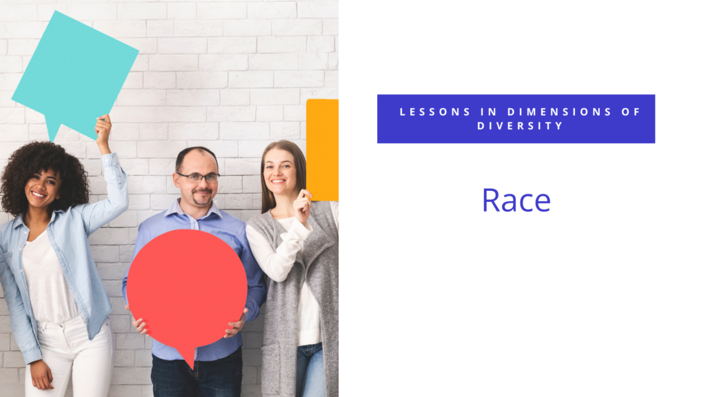 A group of people holding up speech bubbles with the words lessons in diversity race.