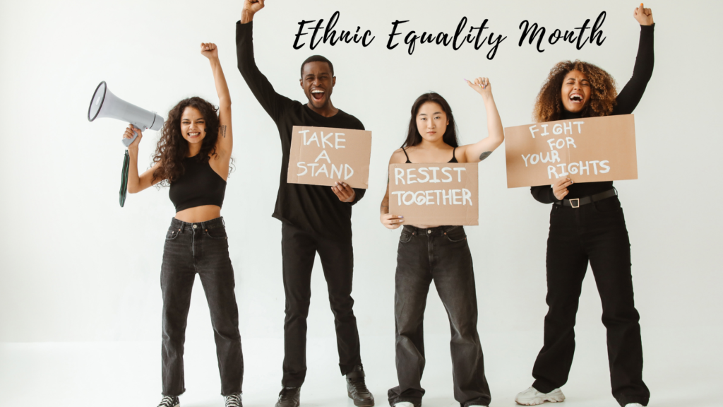 A group of people holding signs with the words equality equality month.