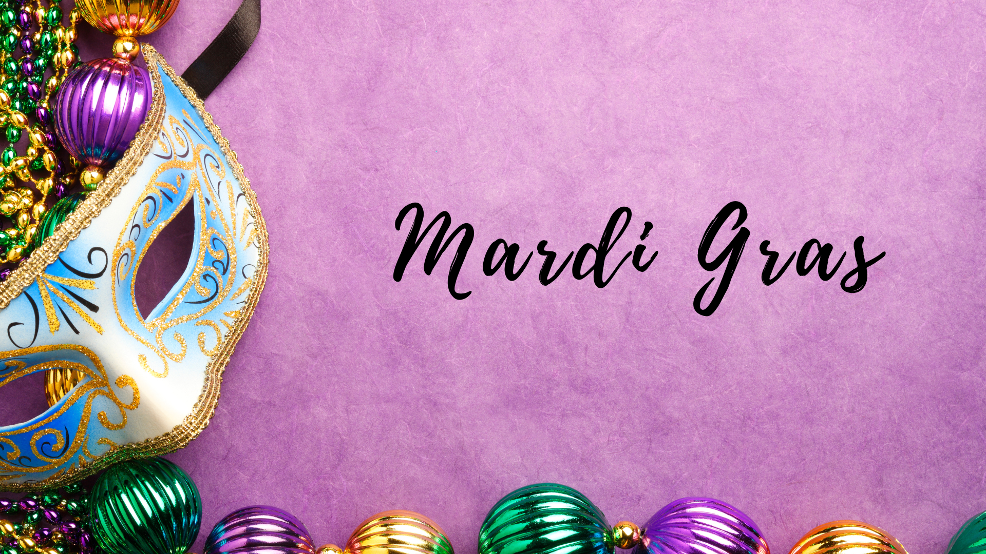 Mardi gras mask and beads on a purple background.