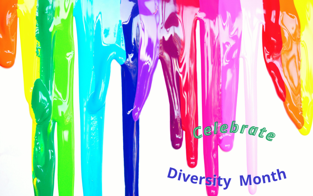 Colorful paint streaks with text celebrating diversity month.