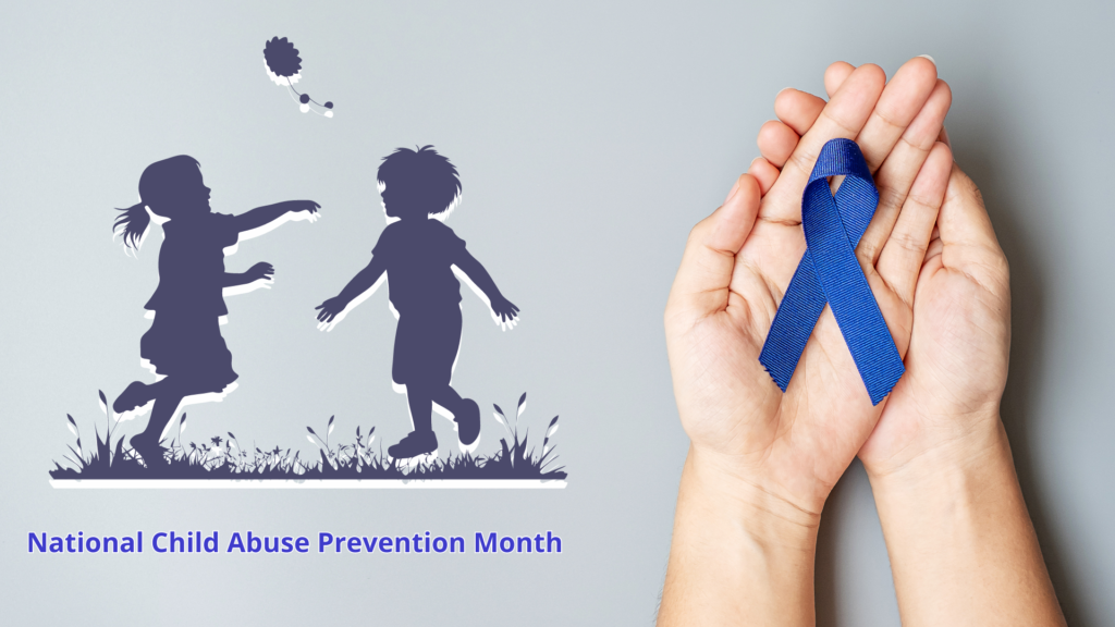 Hands holding a blue ribbon symbolizing support for national child abuse prevention month with a silhouette illustration of children playing in the background.