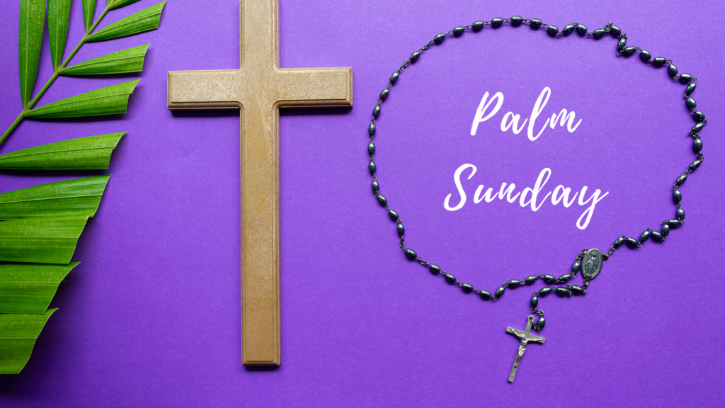 A wooden cross and palm leaves beside a rosary and the words "palm sunday" on a purple background.