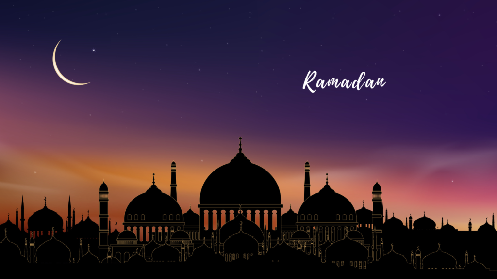 A silhouette of a mosque against a twilight sky with a crescent moon, captioned with the word "ramadan.