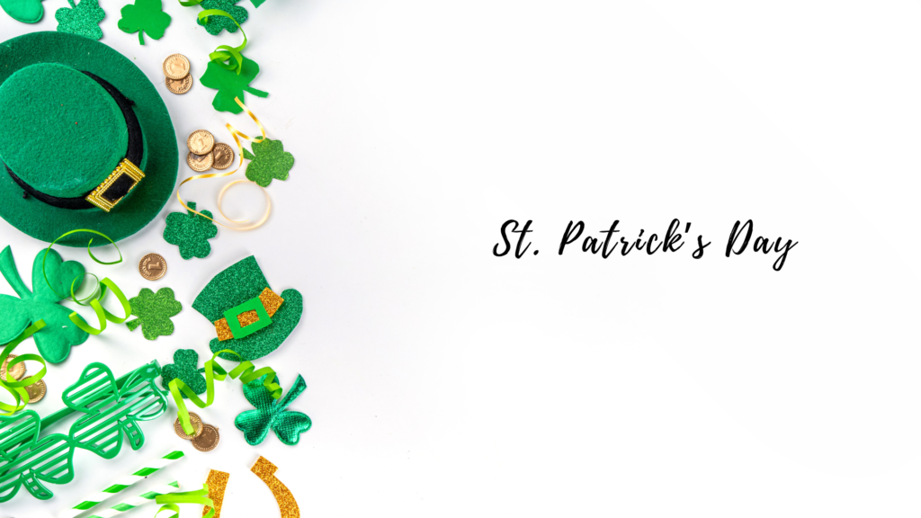 St. patrick's day themed objects, including a green hat, shamrock decorations, and gold coins, arranged on a white background with the text "st. patrick's day" on the right side.