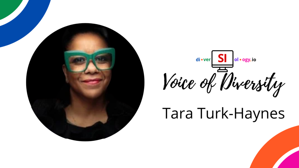 An announcement graphic featuring the words "voice of diversity" alongside the name tara turk-haynes, set against a two-tone background with circular designs.