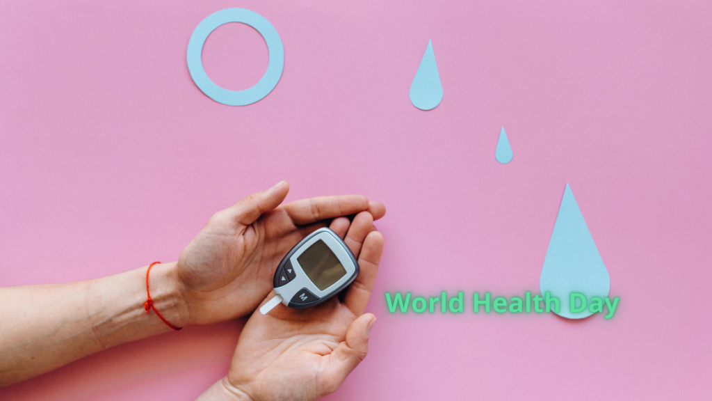 A person checking their blood glucose level for world health day on a pink background with decorative cut-out shapes.