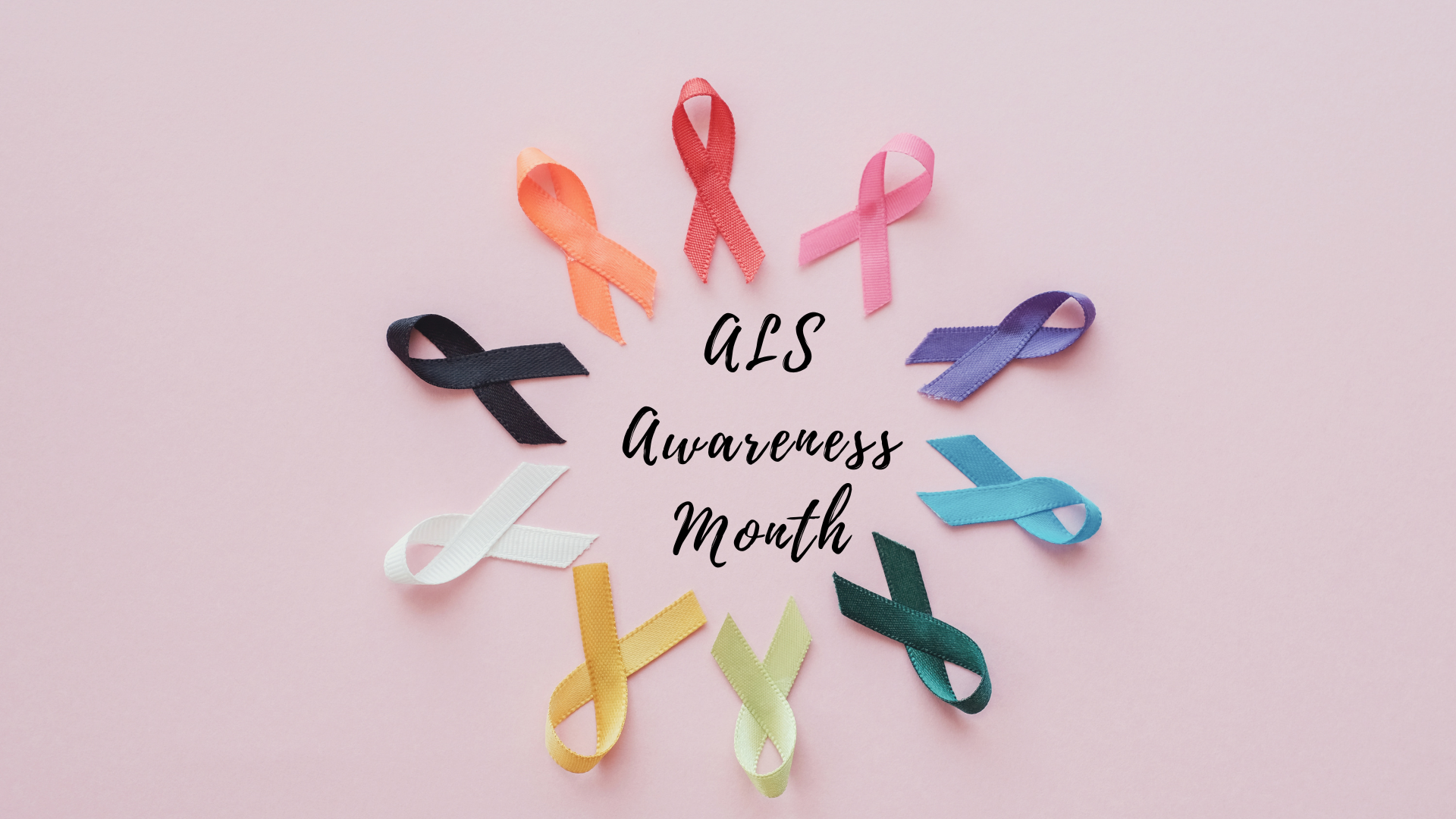 Assorted colorful awareness ribbons arranged in a circle on a pink background with text "als awareness month" at the center.