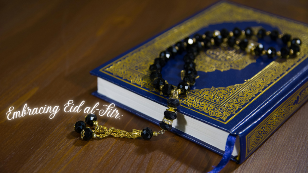 A closed book with intricate gold designs and a black beaded rosary on a wooden surface, inscribed with "embracing eid al-fitr.