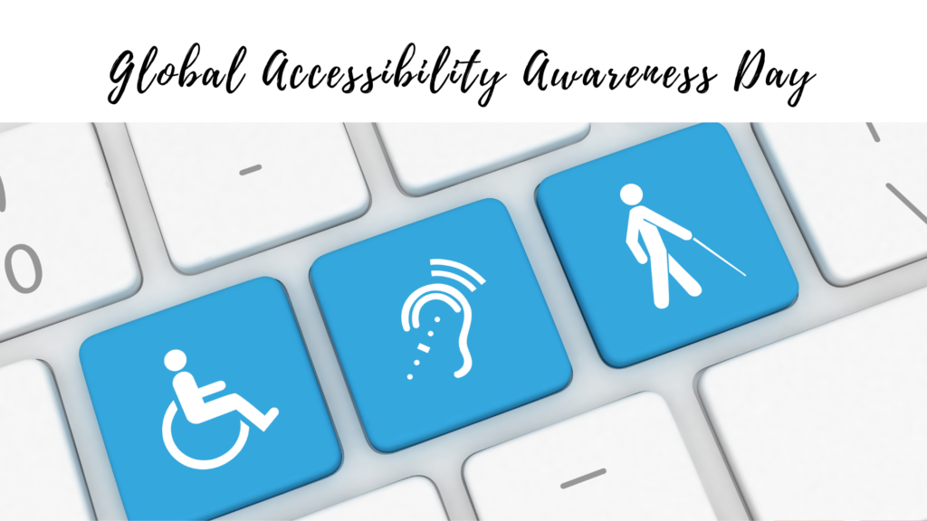 Graphic for global accessibility awareness day featuring three blue icon keys: hearing aid, person with white cane, and wheelchair symbol on a keyboard background.