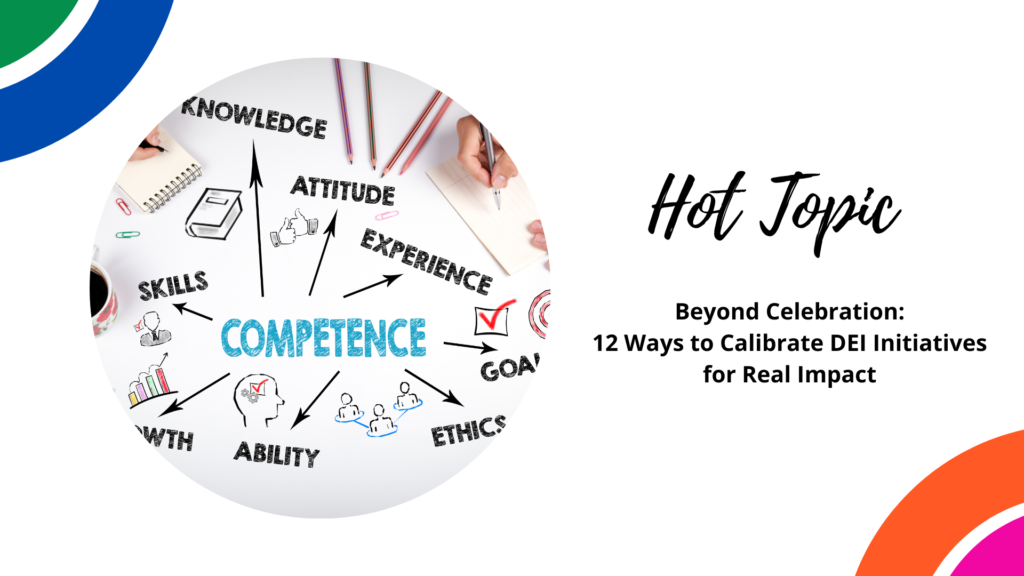 Graphic split in two sections: left side shows hands drawing a mind map with terms like "knowledge," "skills," "attitude," and the right side features text "hot topic: beyond celebration: 12 ways to calibrate dei initiatives for real impact.