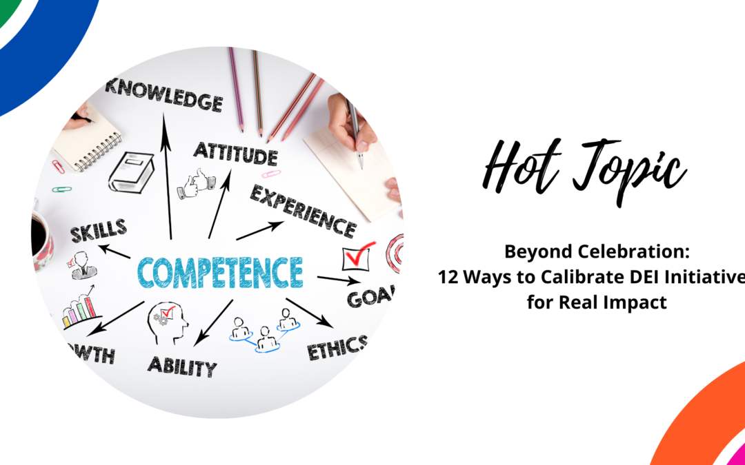 Graphic split in two sections: left side shows hands drawing a mind map with terms like "knowledge," "skills," "attitude," and the right side features text "hot topic: beyond celebration: 12 ways to calibrate dei initiatives for real impact.