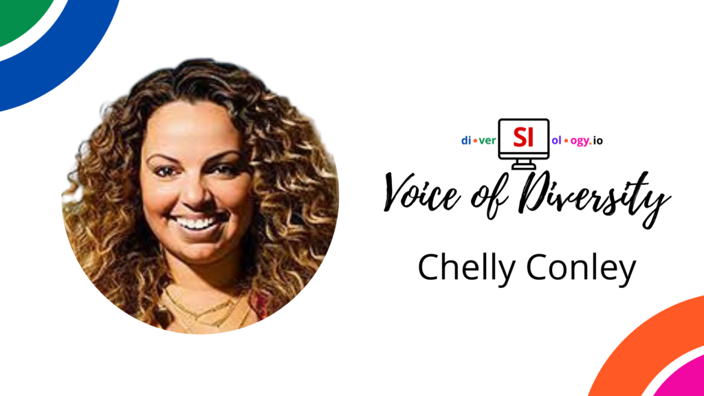 Promotional graphic featuring chelly conley as the "voice of diversity", set against a white background with colorful logo designs.