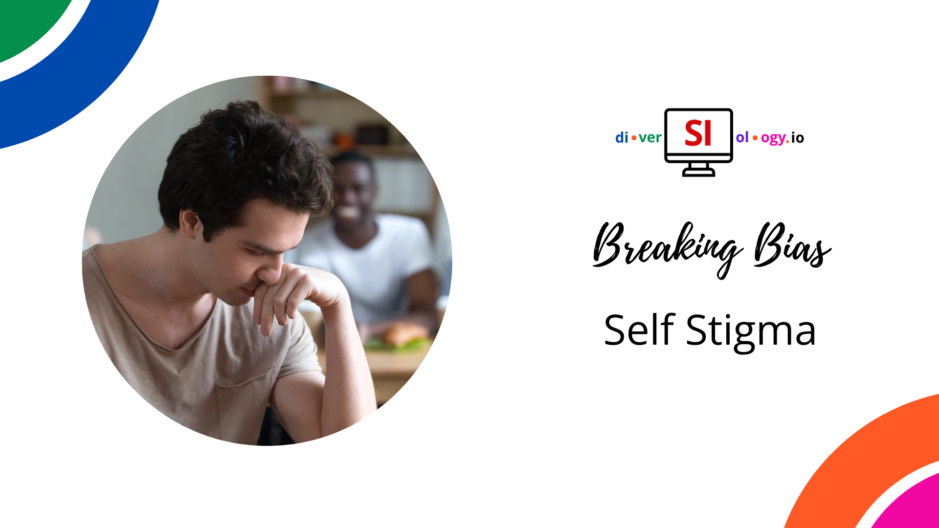 A young man smiles as he reads a book at a table, with a promotional graphic for "breaking bias self stigma at diversity.io" in the background.