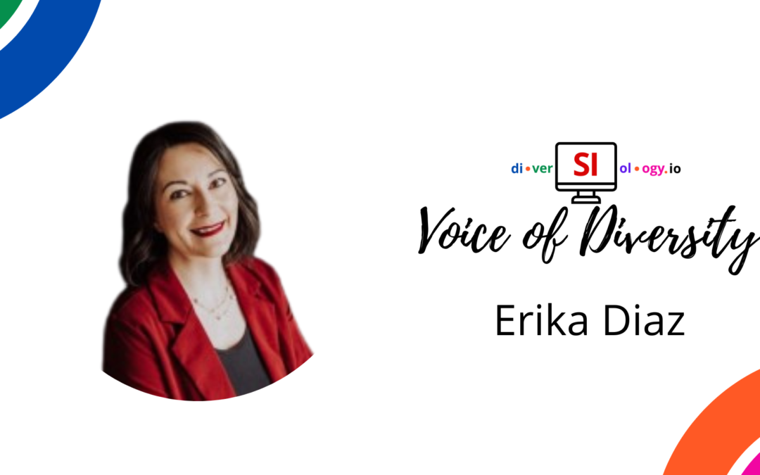 Promotional image featuring erika diaz, titled "voice of diversity," with her in a red blazer, smiling, beside the logo of diversityology.io.