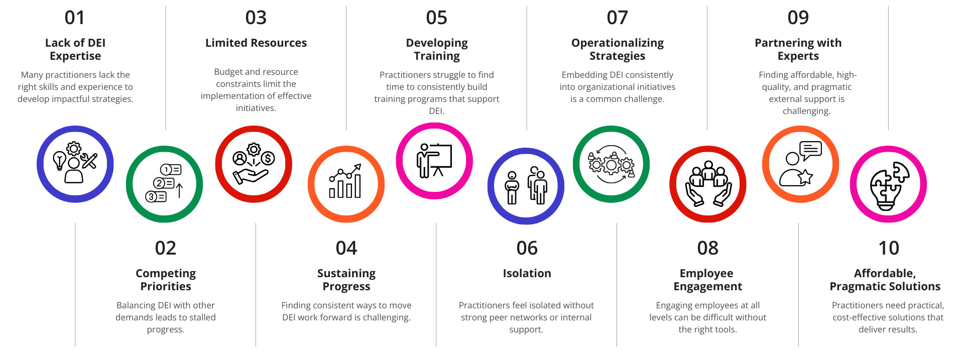 Infographic detailing ten common challenges in diversity, equity, and inclusion (DEI) efforts, including lack of expertise, limited resources, competing priorities, training and sustaining progress, isolation, employee engagement, strategies, partnerships, and pragmatic solutions.