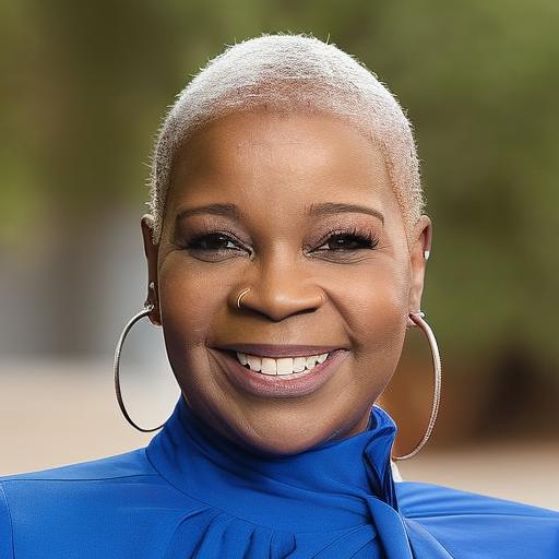 A person with short, light-colored hair, wearing a blue high-neck top and large hoop earrings, smiling at the camera.