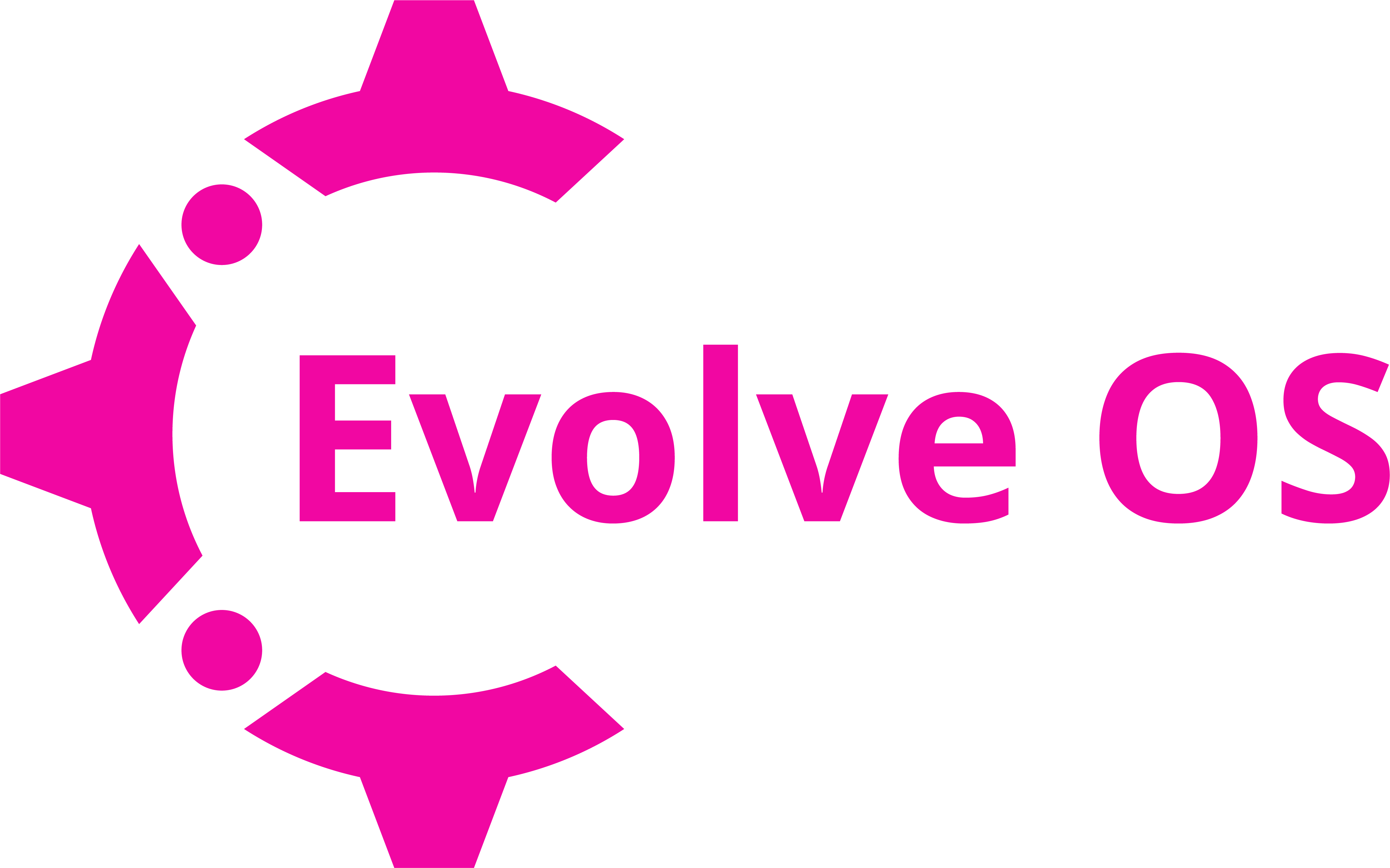 Pink and white logo featuring three interlocked shapes forming a circle, accompanied by the text "Evolve OS" on a black background.