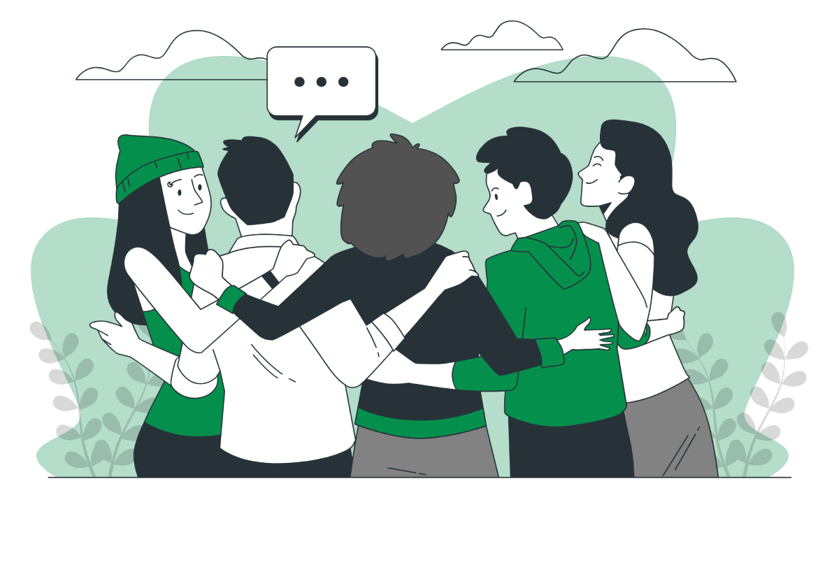 A group of five people stand in a circle with their arms around each other, facing inward and talking. A speech bubble with ellipses indicates conversation. The background features greenery and clouds.