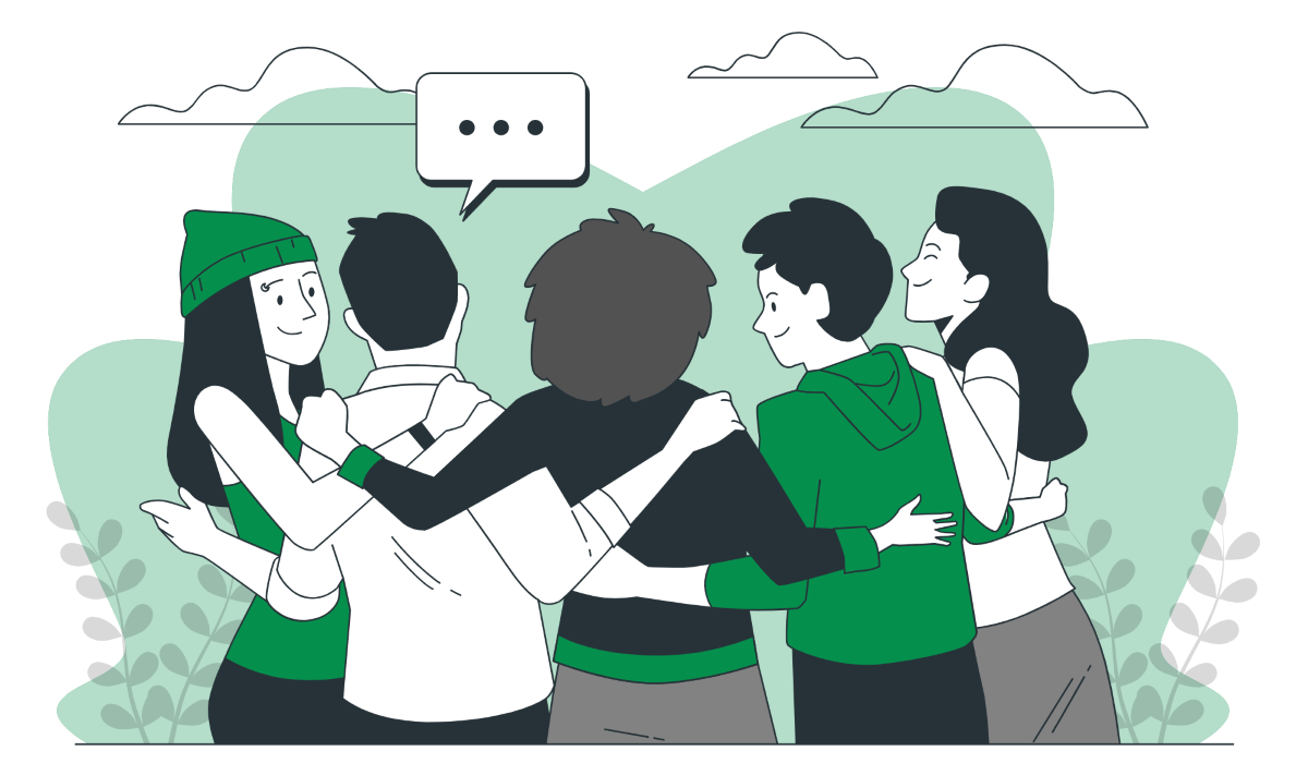 A group of five people stand in a circle with their arms around each other, facing inward and talking. A speech bubble with ellipses indicates conversation. The background features greenery and clouds.
