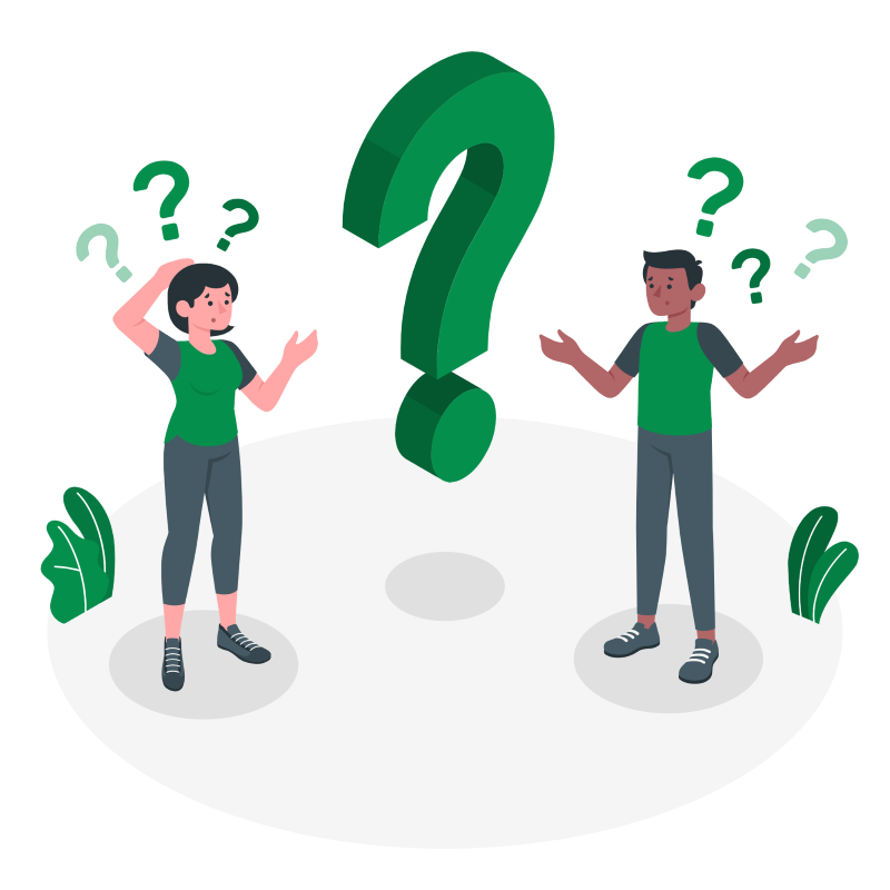 Illustration of two people with questioning expressions, standing on either side of a large green question mark. Both have question marks above their heads, and there are small plants nearby.