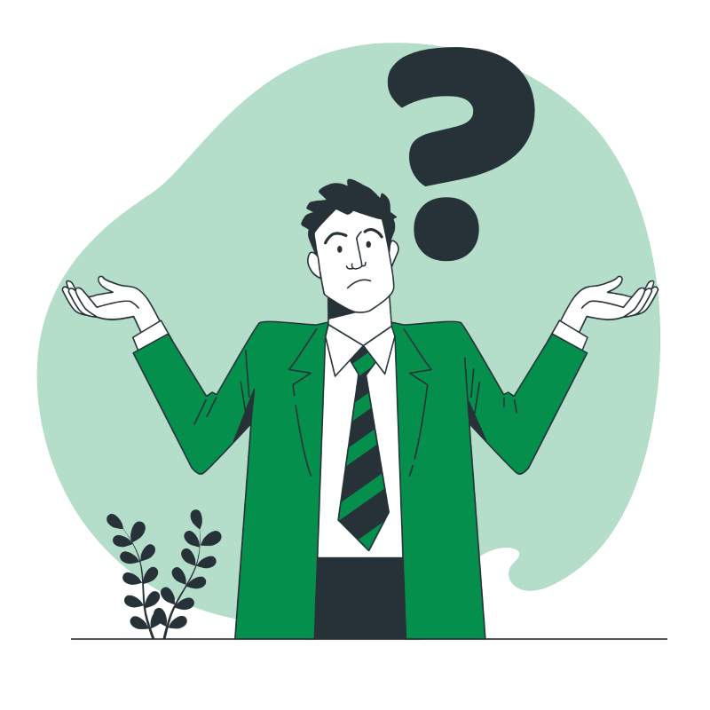 Illustration of a man in a green suit and striped tie, shrugging with a questioning expression. A large question mark hovers above his head. There are green foliage elements in the background.