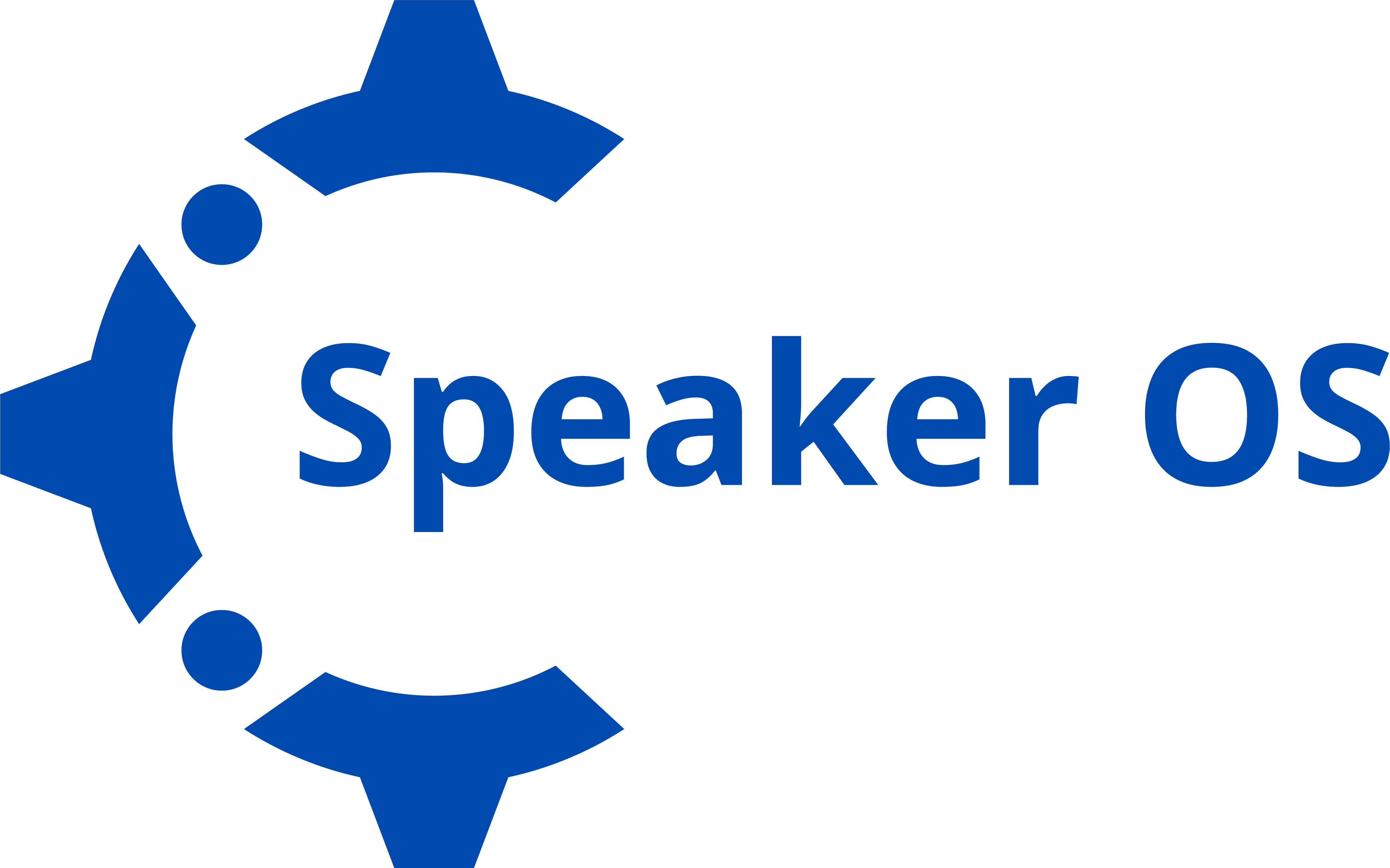 Logo of Speaker OS featuring two blue shapes facing opposite directions with circles on their ends, and the text “Speaker OS” in blue beside them.