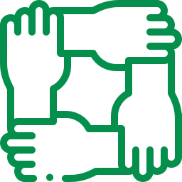 Four hands interlocked in a square formation, symbolizing unity and teamwork, outlined in green.