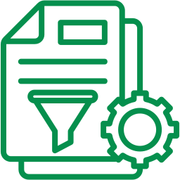 Icon of a document with a funnel and a gear. The document has lines indicating text, the funnel represents filtering, and the gear symbolizes settings or configuration.