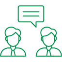 Two people in business attire are engaged in a conversation. One of them has a speech bubble above indicating they are speaking. The image is depicted using simple green line art.