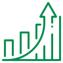 A green line graph icon with bars that increase in height from left to right, indicating growth, and a curved arrow above the bars pointing upward.