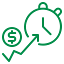 A green icon showing a dollar sign, an upward arrow, and a stopwatch, symbolizing time management and financial growth.