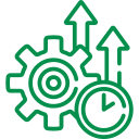 A green icon showing a gear, clock, and three upward-pointing arrows, representing productivity and process efficiency.