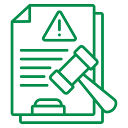 A green icon showing a document with a warning symbol and a gavel, indicating legal or regulatory compliance issues.