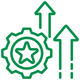 Green icon of a gear with a star in the center, accompanied by two upward-pointing arrows, suggesting improvement or progress.