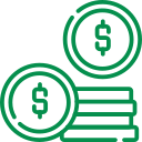 Green outline illustration of stacks of coins, with two larger coins displaying dollar signs.