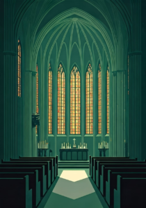 Interior of a Gothic-style cathedral with long pews, tall stained glass windows, and an altar with candles and a cross.