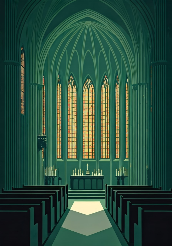 Interior of a Gothic-style cathedral with long pews, tall stained glass windows, and an altar with candles and a cross.