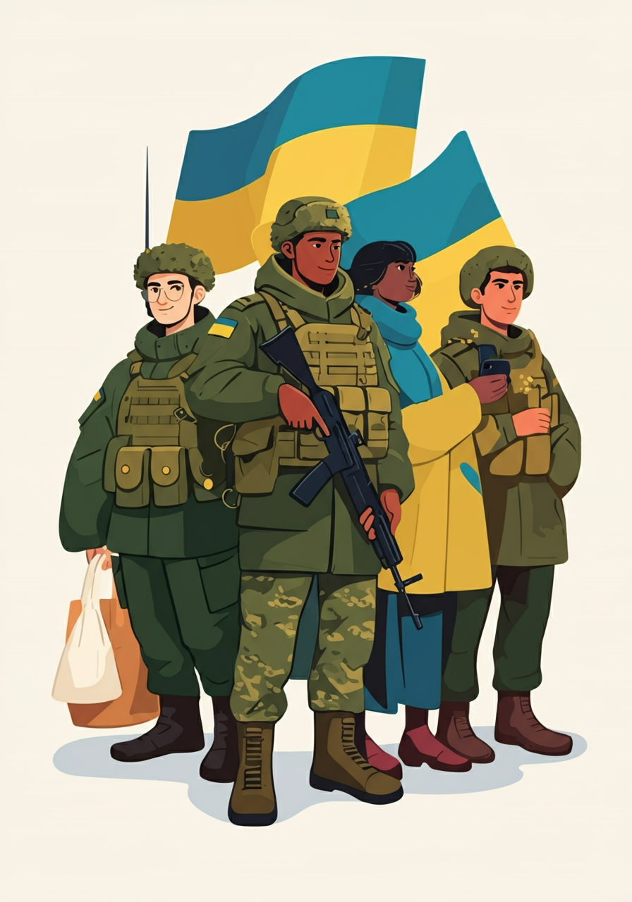 Illustration of four people, including soldiers and civilians, standing together with Ukrainian flags in the background.