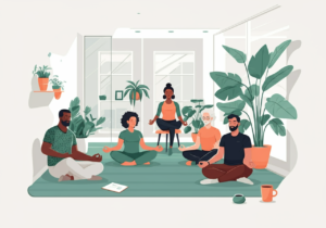 A diverse group of people sit cross-legged on a rug in a modern, plant-filled room, engaged in meditation, led by a person seated on a stool.