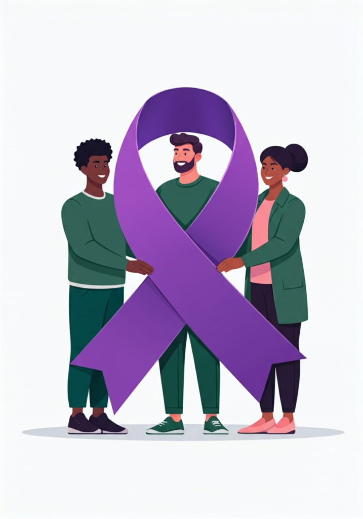 Three people stand together holding a large purple ribbon, symbolizing awareness.