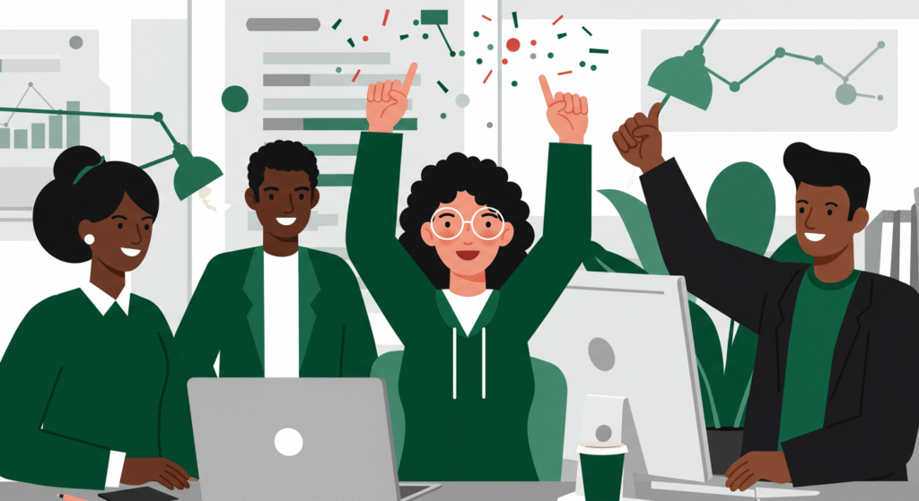 Four people in an office setting celebrate a success, highlighting neurodiversity in the workplace, with charts in the background and one person raising both hands in excitement.