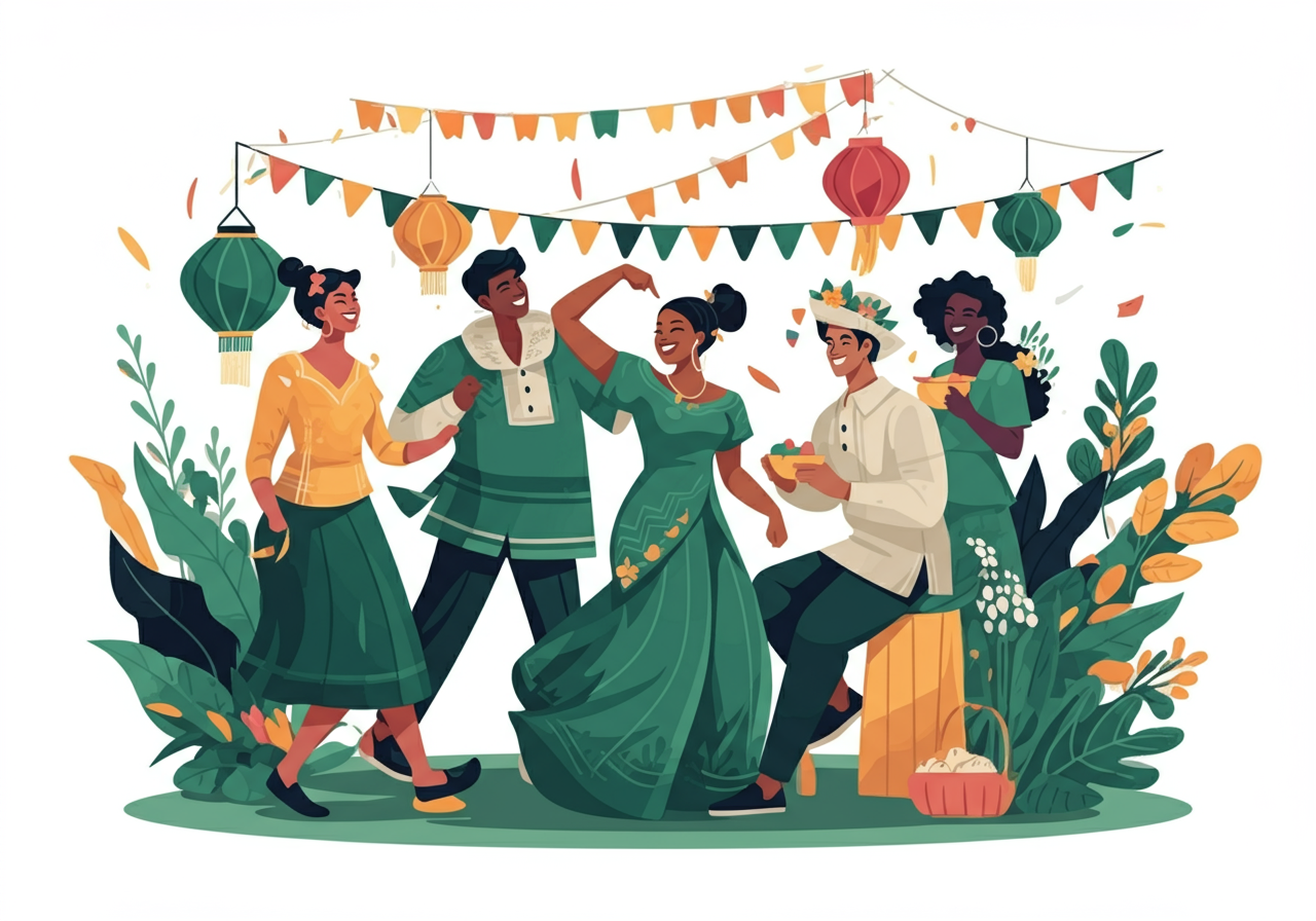 Illustration of people in green attire celebrating under festive decorations, with two holding hands and another seated with a drink. Surrounding greenery and lanterns enhance the festive vibe.