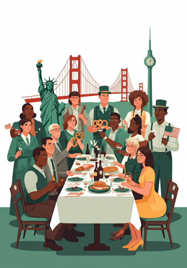 Illustration of diverse people in various uniforms dining at a table with symbolic landmarks like the Statue of Liberty, Golden Gate Bridge, and Big Ben in the background.