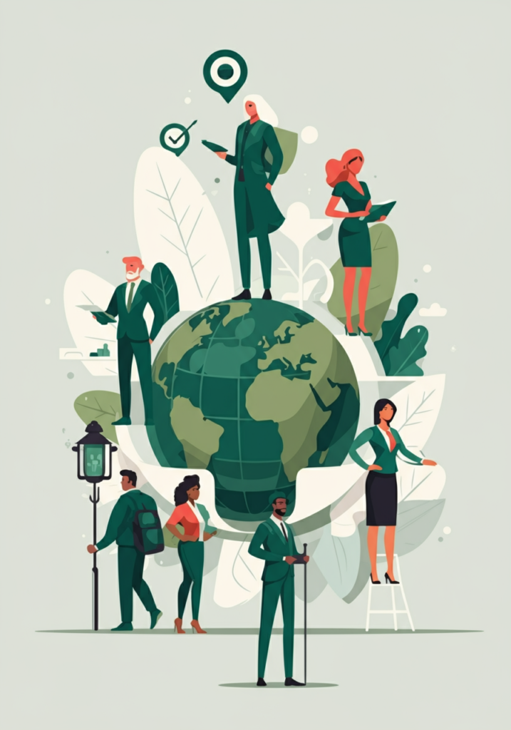 Illustration of diverse people in business attire around a globe, symbolizing global teamwork and communication. Some stand, others use electronic devices. Green and earth-toned color scheme.