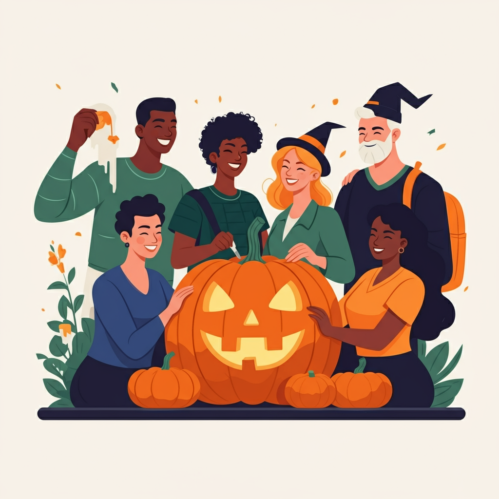 A group of six people carving a large jack-o'-lantern. Two smaller pumpkins and greenery surround them. One person wears a witch hat, and another has a wizard hat.