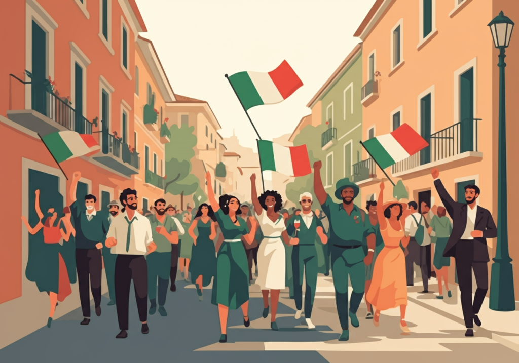 A diverse group of people walk down a street with Italian flags, celebrating amidst colorful buildings.