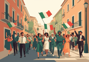 A diverse group of people walk down a street with Italian flags, celebrating amidst colorful buildings.