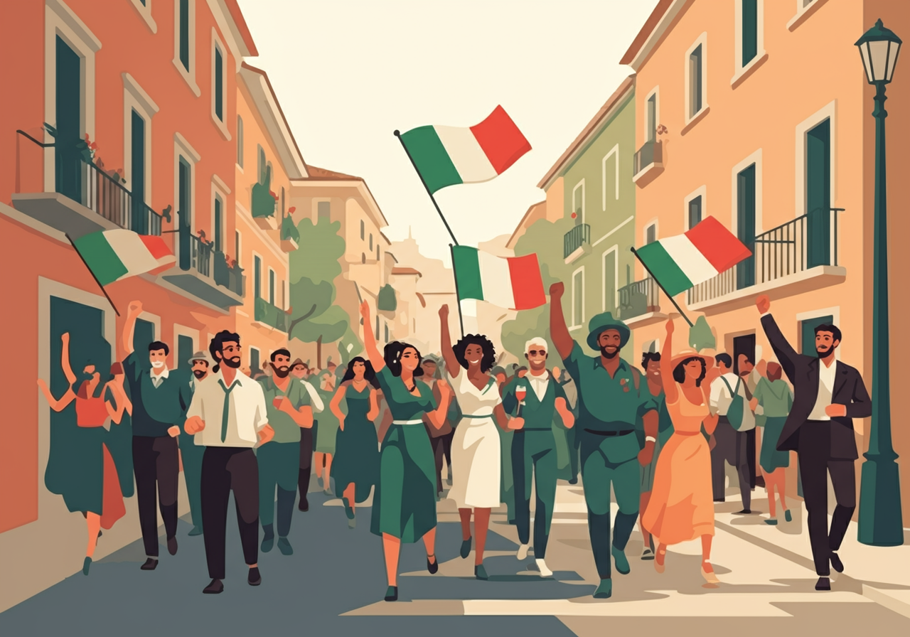 A diverse group of people walk down a street with Italian flags, celebrating amidst colorful buildings.