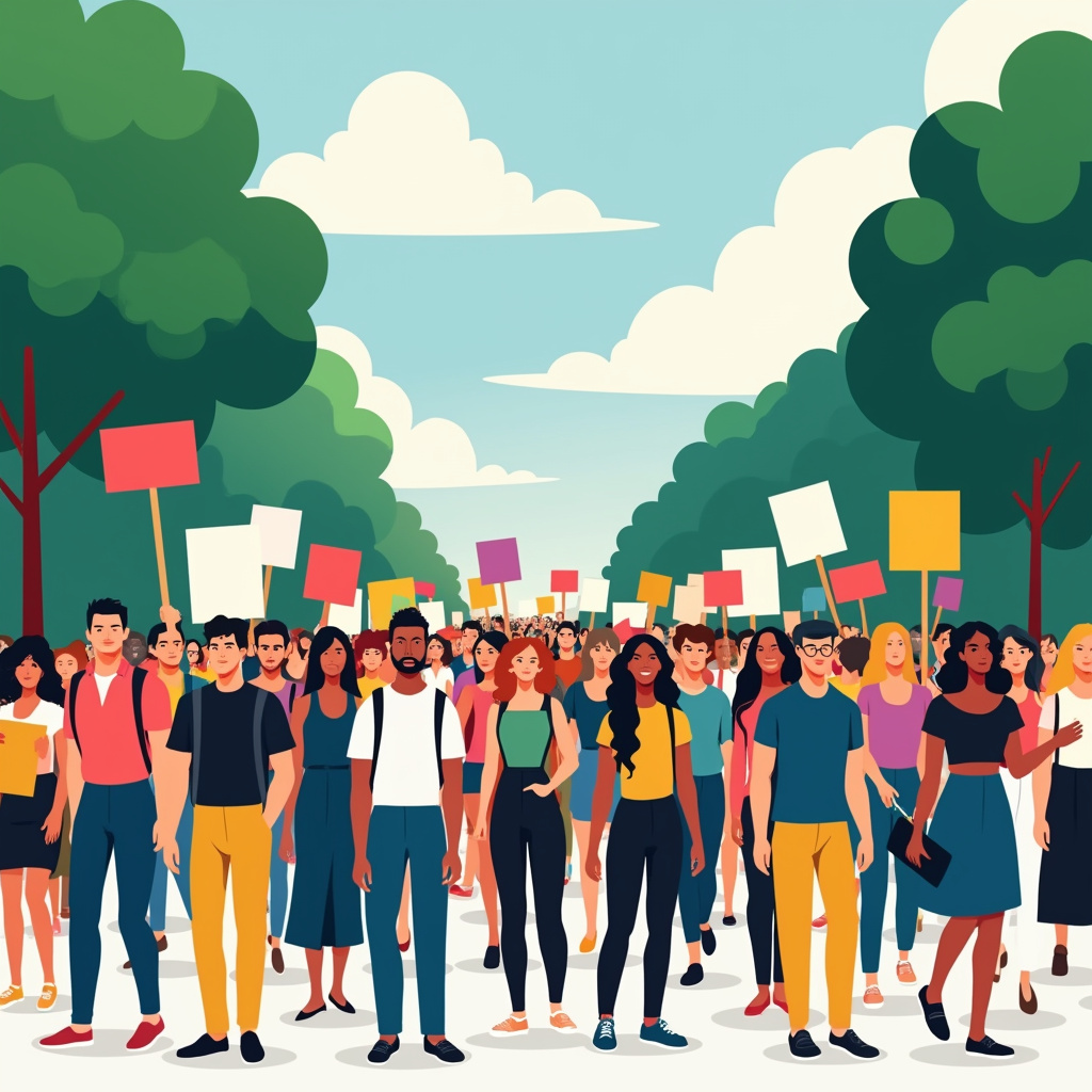 A diverse group of people holding various colored signs march down a tree-lined street under a cloudy sky.